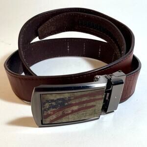 Slide Belts Brown Leather Belt with Flag Buckle